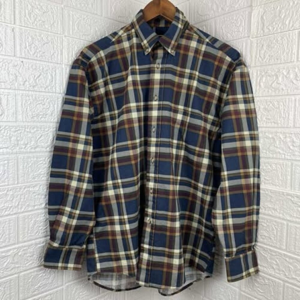 Alexander Martin Men's Classic Plaid Button-Down Shirt Navy, Burgundy & Beige